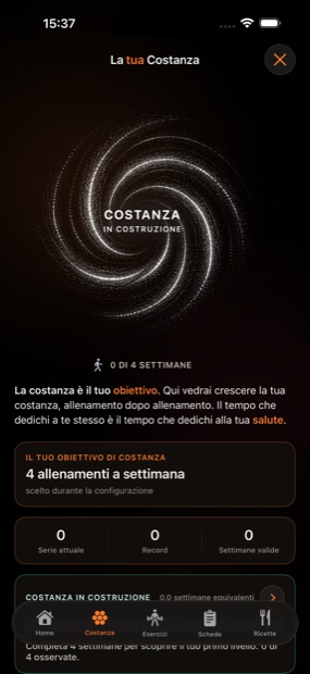 Schermata di Keel: la costanza che cresce allenamento dopo allenamento